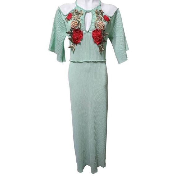 Vintage Carolina maxi dress green floral Embellished keyhole cutout bell Large - Picture 1 of 9